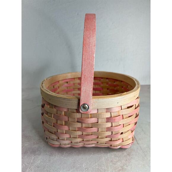 Vintage Pink and wood Woven Basket with Handle 9”x9” Round - Picture 3 of 11